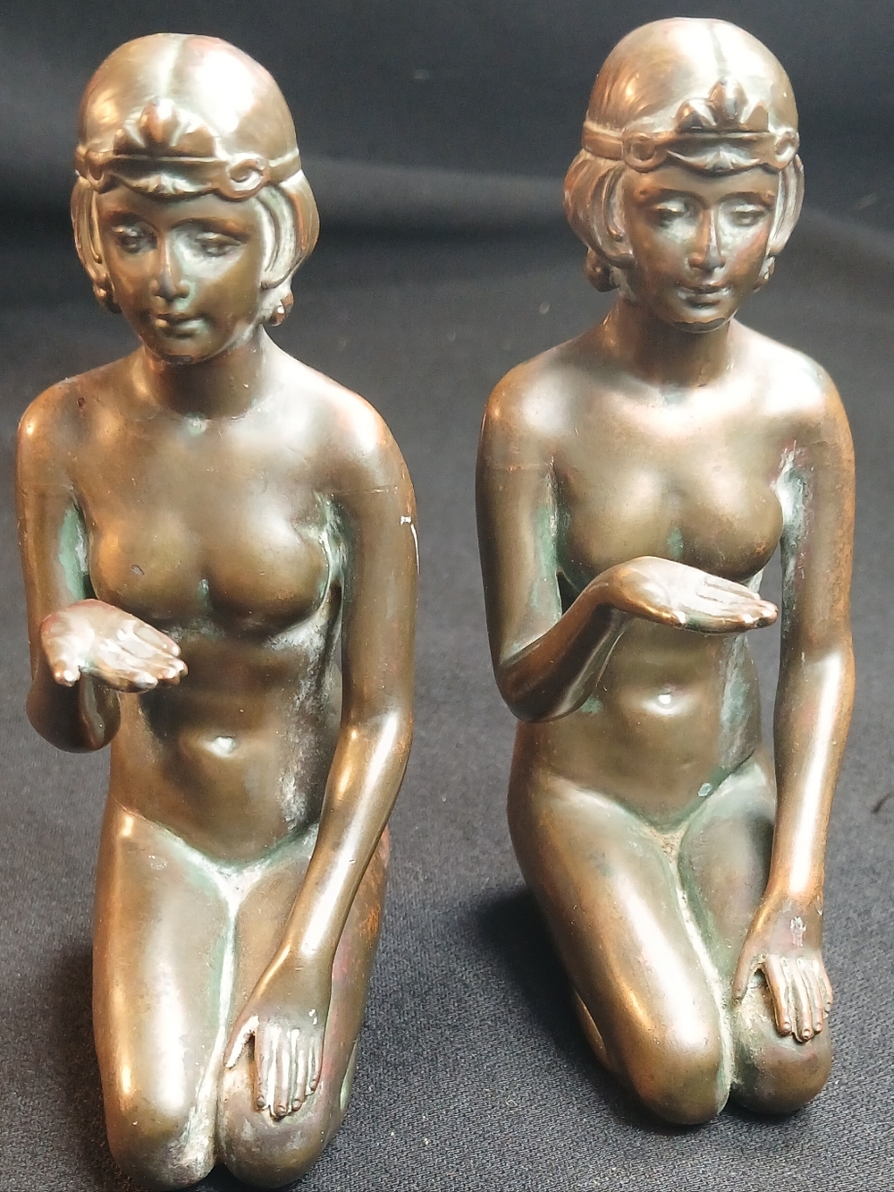 Rare Art Deco Bronze Nude Kneeling Female Cleopatra Bookends Pair